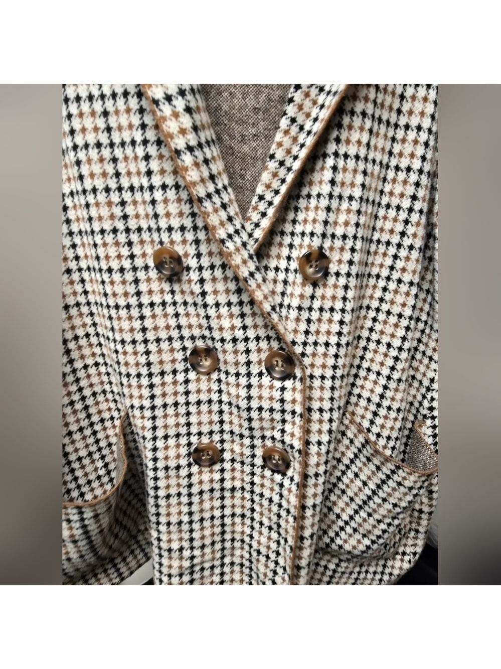 Marled Ivory Brown Black Houndstooth Double Breasted Sweater Jacket XL - Picture 8 of 11
